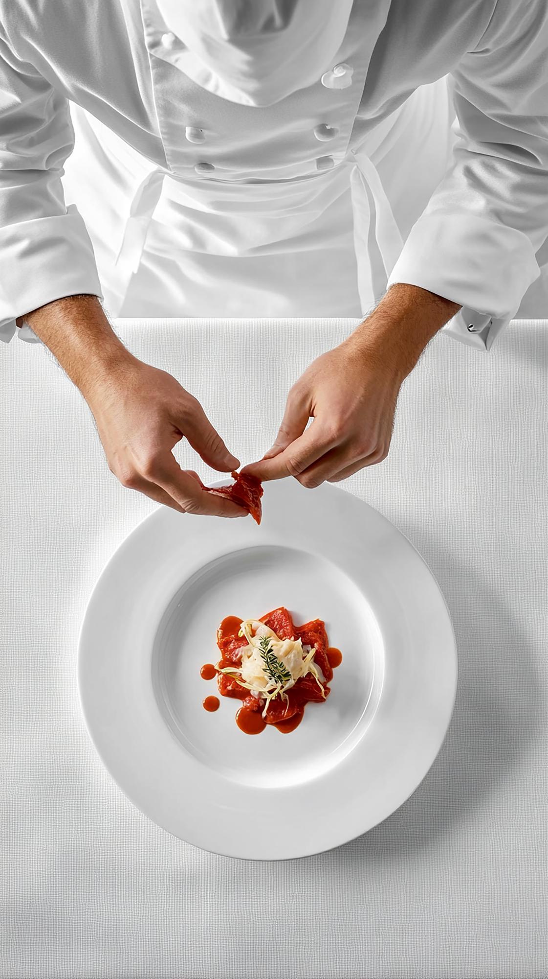 Chef hands finishing a composed starter